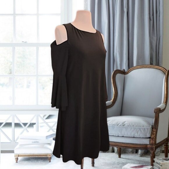 RALPH LAUREN Black Cold Shoulder Flowy Bell Sleeve Dress- Size 12 - Picture 3 of 15